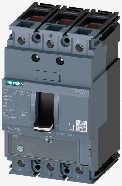 3VA1110-4EE36-0AA0§circuit breaker 3VA1 IEC frame 160 breaking capacity class S Icu=36kA @ 415V 3-pole, line protection TM220, ATFM, In=100A overload protection Ir=70A...100A short-circuit protection Ii=10 x In clamp connection